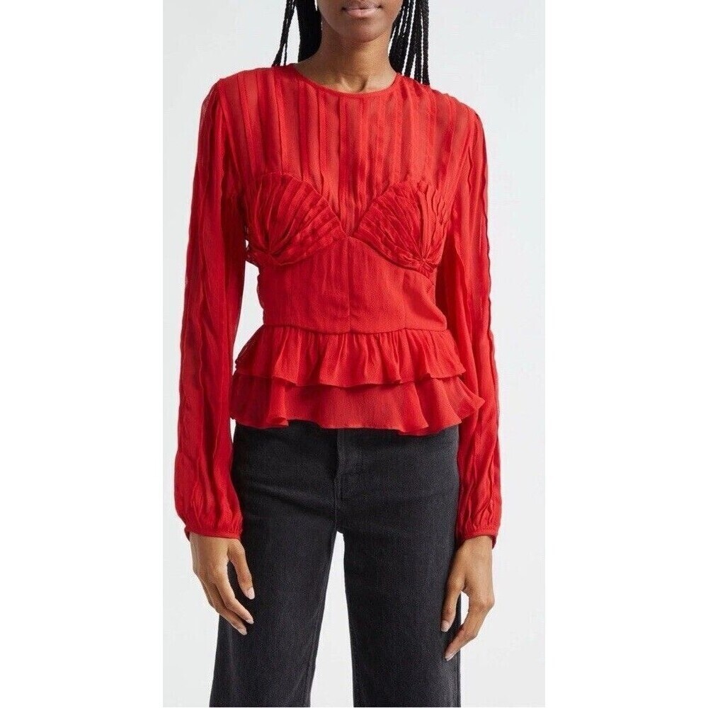 Farm Rio Red Pleated Long Sleeve Peplum Bustier Ruffle Top Size Small Romance